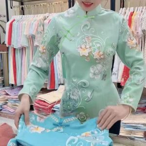 Autumn and Winter Ethnic Style Fleece-lined Improved Heattech Cheongsam T-shirt Womens Chinese Style Fashionable Hiding Fat Slim Looking Short Cheongsam Tops