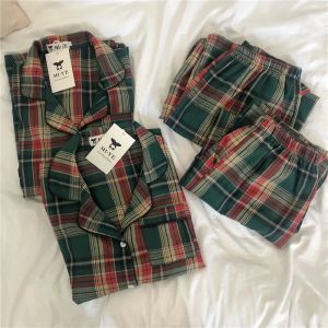 Green Christmas Couple Pajama Set Simple Plaid Pajamas Pure Cotton Autumn/Winter Womens Pajama Set Long-Sleeved Loungewear