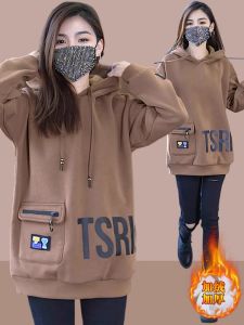 เสื้อฮู้ดผู้หญิงทรงหลวมยาวปานกลาง ทรงหลวม แฟชั่นฤดูใบไม้ผลิและฤดูใบไม้ร่วง ปกปิดสะโพก เสื้อผ้าทำงานสไตล์เกาหลี