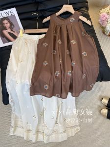 Bohemian Embroidered Neck Hanging Womens Top And Wide Leg Pants Two-Piece Set Summer 2025 Fashion round Neck Pullover Suit