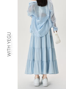 Blue A-Line Half Skirt with Butterfly Knot Splicing Pleats Womens Spring Summer Long Skirt Small Stature Elegant Cake Skirt