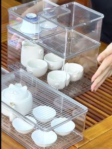 Locaupin Transparent Plastic Tea Utensil Storage Box with Removable Drip Tray  Space-Saving  Dustproof