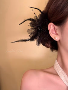 Elegant Black Moonlight Feather Flower Hair Clip Womens Stylish Side Duckbill Hair Clip Back of Head Headwear Accessories
