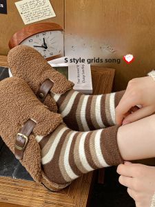 JINGCHI | Thickened Fleece Winter Warm Striped Socks Womens Mid-calf Boot Socks For Birkenshoes Candy Color Nylon Polyester Spandex Blend