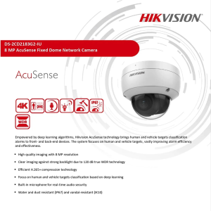 Hikvision AcuSense 8MP 4K UHD Fixed Dome IP Security Camera with Human and Vehicle Detection Built-in Mic & Fast Response - High-Quality Audio & Video Surveillance