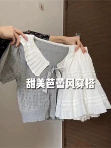 ชุดแฟชั่นฤดูร้อนสไตล์เกาหลี ชุดกระโปรงสั้นแขนสั้นผ้าถักคอตตอนลายดอกไม้ ชุดสองชิ้น เสื้อผ้าทำงานสำหรับวัยรุ่น