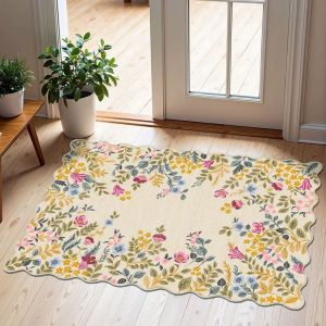 VIKAMA Cream Wavy Scalloped Pink Blue Flower Botanical Accent Rug Soft Floor Padding Entryway Carpet Space Decor Bedroom Trim