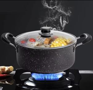 Kitchenware Hub Black marble stone non-stick saucepan with lid large capacity rice cooker food-grade household multi-functional non-stick soup pot medical stone saucepan flat-bottom pan