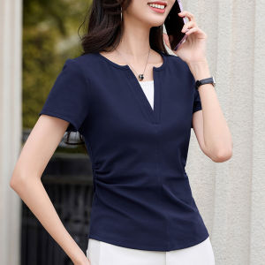 Color Block V-Neck Slim Fit Short Sleeve T-Shirt Womens Summer New Style Drawstring Top Slimming Versatile Korean Style Cotton Blend
