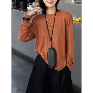 QINGNAER | Simple Casual Round Neck Long Sleeve T-Shirt