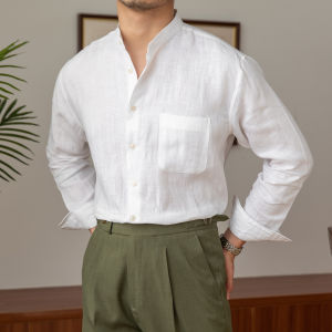 Casual Breathable Loose Fit Linen Mandarin Collar Mens Shirt