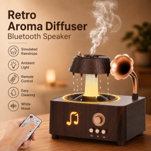 Wireless Bluetooth Speaker with Aroma 250ml Rain Humidifier 7 Color LED Light White Noise Remote Control for Bedroom Gift