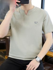 HENGYUANXIANG | Hengyuanxiang Mens Short Sleeve T-Shirt Embroidered Letter Casual V-neck Breathable Summer Fashion Urban Cotton Polyester Blend