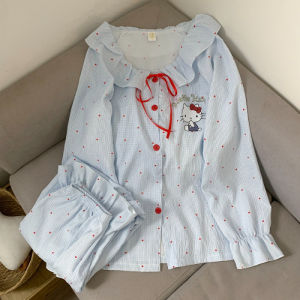 Big Size Lace Patchwork Flower Pajama Set for Women Long Sleeve Top with Bow and Pants Cute Loungewear Loose Pijama Mujer 5XL