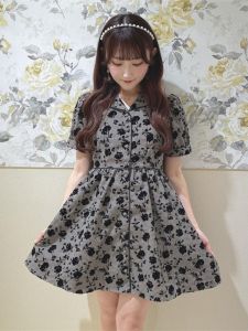 Special Offer Eve Pure Small Amount of Original Sweet Young Adult Florals Shank Flocking Jacquard High Waist Single-Breasted Short Sleeve Dress