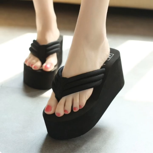 Summer fashion Korean version beach outer high-heeled thick soled black womens word slippers