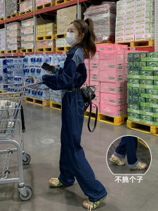 High Waist Casual Workwear Denim Overalls Womens Design Spring 2025 Korean Style Long Sleeve Overall Suit Cotton Blend