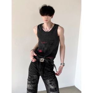 Washed American Style Slim Fit Sleeveless Tank Top for Men Punk Hip Hop Design Unique Youth Fashion Breathable Moisture Wicking