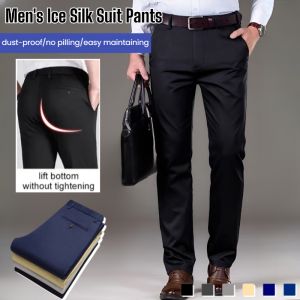 Mens Ice Silk Suit Pants Business Casual Anti Wrinkle Straight Trousers 3D Tailoring
