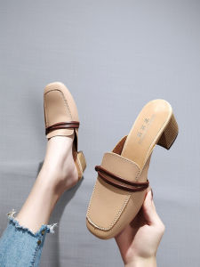 Trendy Womens Slippers Outdoor Wear Spring New Style Small Size 32 33 Thick Heel Mule Comfortable Headed Half Slippers Try on Shoes