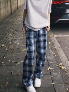 LIUBU | Vintage Blue Checkered Slim Fit Loose Trousers