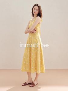 INMAN | French Elegant Plaid Embroidered Halter Tied Waist Dress