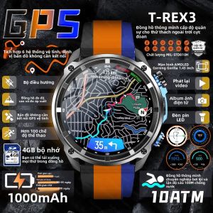Đồng Hồ Thông Minh Quân Sự Nam 2025 T-Rex3 GPS Bản Đồ La Bàn 4GB 1000mAh Chống Nước 10ATM HD Gọi Bluetooth Tích Hợp Theo Dõi Sức Khỏe