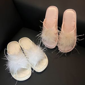 Wedding Morning Robe Fairy Satin Surface Slippers Low Heel Flat Bottom Casual Sweet Style Bridal Maids Fluffy Slippers