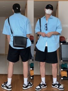 Fangrenyi Summer Korean Style Short Sleeve Shirt Mens Loose Half Sleeve Trendy Large Blue Casual Shirt Coat