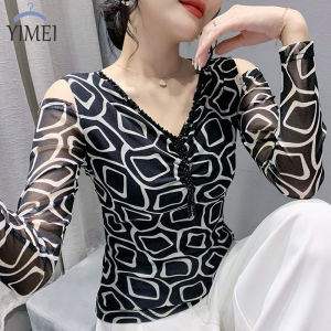 YIMEI Áo Thun Lưới Cổ Chữ V Đính Hạt Móng Tay Dáng Ôm Thời Trang Cho Nữ Áo Dài Tay In Họa Tiết Hở Vai Nối ĐẦM MÙA THU Mới 2023