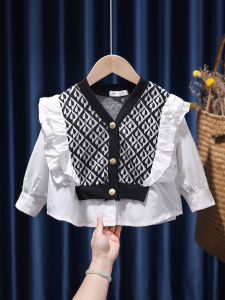 Stylish Girls Shirt Spring Autumn Plaid Korean Version Long Sleeve Lace Trim Splicing Design Cotton Childrens Top Fashionable