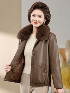 Elegant Thickened Fleece Lined Leather Jacket for Middle Aged Women Grandmother Stylish PU Coat Warm Fluffy Collar Daily Wear
