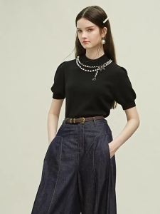 AIVEI | Elegant Office Fresh Beaded Puff Sleeve Knitwear