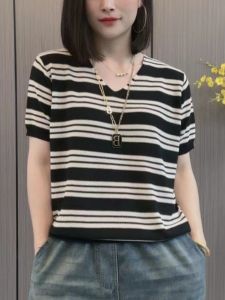 เสื้อยืดคอกว้างลายทางสีสันสดใสสำหรับผู้หญิง เสื้อเชิ้ตแขนสั้นแบบลำลอง ทรงหลวม ทรงเข้ารูป สำหรับฤดูร้อน