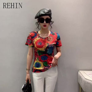 REHIN Womens top Summer New Fashion Unique Floral Print Round Neck Short Sleeve T-shirt Slim Fit Cotton shirt