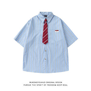 WUKONGYOUHUO | Áo Sơ Mi Cổ Trụ Ngắn Tay In Sọc Vintage Mùa Hè