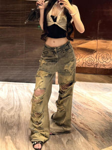 Quần Jeans Denim Ống Rộng Lưng Thấp Kiểu Dáng Rộng Thời Trang Mùa Thu Cho Nữ Quần Dài Đến Sàn Có Lỗ Xé Phong Cách Đường Phố Mỹ