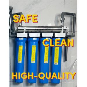4 Stages Water Filter 20" Slim Type Heavy Duty Housing with Complete Set of PVC Fittings 4 Sediment Filters Plus 6 GPM UV Light Ready to Install for Whole House