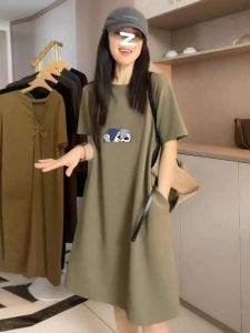 Casual Oversized Midi Knee-Length T-Shirt Dress round Neck Short Sleeve Womens Loose Long Dress Summer Breathable Cotton Polyester Blend