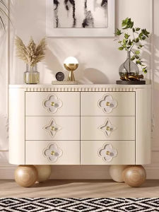 French Vintage Style Shell Art Decorative Storage Cabinet Six Drawer Hallway Shoe Cabinet Creamy Finish Wood Constructed