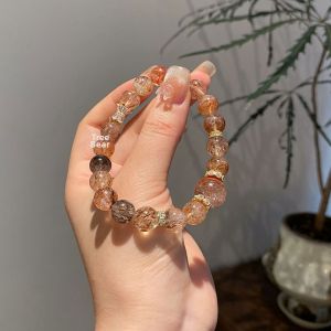 Natural Black Gold Charcoal Moonstone Crystal Honey Cap Fortune and Good Luck Bracelet
