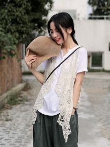 Spring Summer New Arrival Loose Fit Sleeveless Knitted Cotton Linen Open Cardigan Vest Versatile Style Embroidered Splice Hollow out