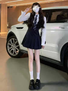 Korean Style JK Uniform Suit Preppy Style Dress Spring and Autumn Classy Figure Flattering Vest Strap Pleated Skirt Two-piece Set