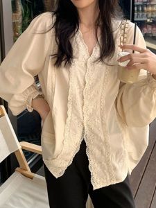French Lace Trim V-neck Long Sleeve Shirt Womens Spring Summer New Style Unique Beautiful Small Shirt Commute Korean Style Slim Fit