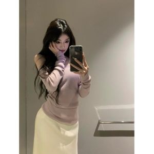 Delicate Purple Knitted Top Womens Fashion Spring Base Shirt Slim Beautiful Clavicle Baring Upper Apparel Korean Style Long Sleeve
