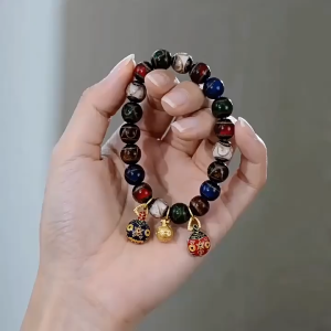Colorful Incense Ash Glazed Bead Bracelet with Gold Amulet Pixiu Lucky Charms Protection Wealth Gift