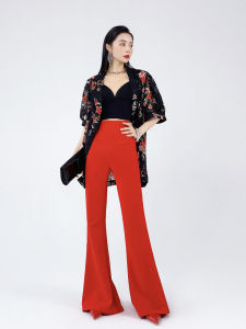 Aksaya Hong Kong Style Retro Fashionable Stylish High-Waisted Red Pants Bootcut Trousers Long Legs Mop Pants Womens Spring and Summer