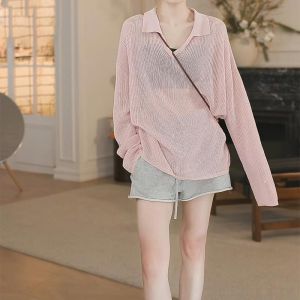 Shalldoer | Áo len dệt kim cổ chữ V hở lưng chống nắng mỏng thoáng khí mùa hè cho nữ Áo khoác ngoài dáng rộng phong cách ngọt ngào