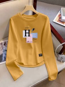 round Neck Curved Hem Long sleeves Shirt Women Spring and Autumn New Loose Slimming Inner wear Bottoming Shirt Thin Top Trendy Ins