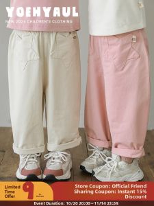 YOEHYAUL Casual Cotton Blend Pants for Girls Loose Comfortable Breathable Star Patchwork Spring Autumn Cute Funny Long Trousers